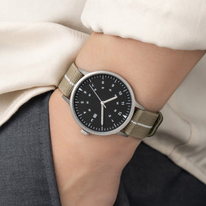 B70 Watch, Silver Case, Black Dial, Calendar, Luminous, Stretch Nylon Strap
