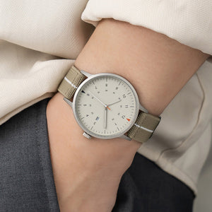 B70 Watch, Silver Case, Beige Dial, Calendar, Luminous, Stretch Nylon Strap