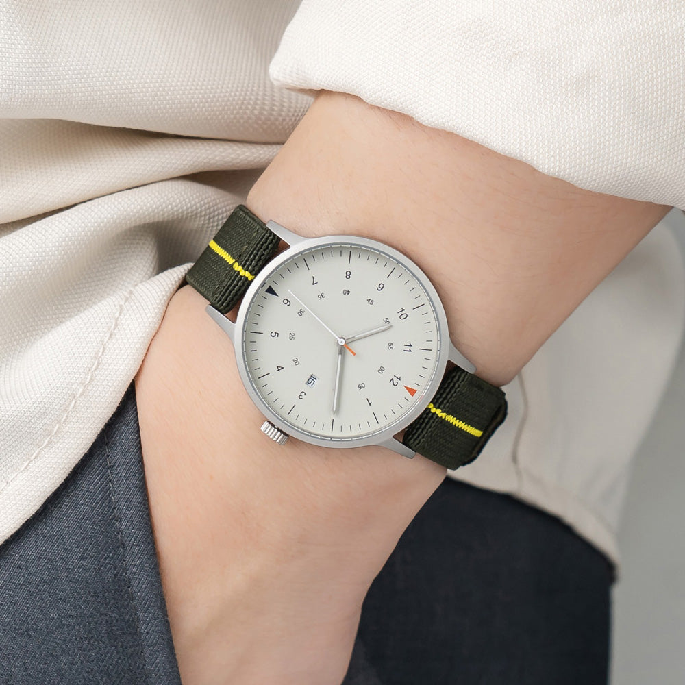 B70 Watch, Silver Case, Beige Dial, Calendar, Luminous, Stretch Nylon straps - Green