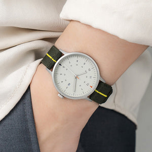 B70 Watch, Silver Case, Beige Dial, Calendar, Luminous, Stretch Nylon Strap