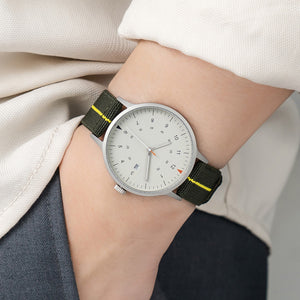 B70 Watch, Silver Case, Beige Dial, Calendar, Luminous, Stretch Nylon straps - Green