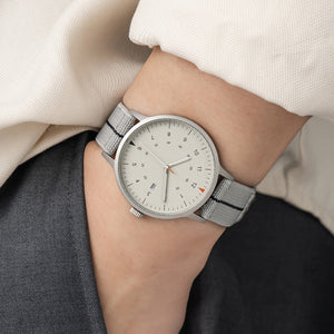 B70 Watch, Silver Case, Beige Dial, Calendar, Luminous, Stretch Nylon Strap