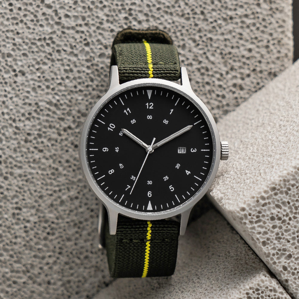 B70 Watch, Silver Case, Black Dial, Calendar, Luminous, Stretch Nylon straps - Green