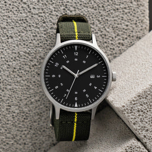 B70 Watch, Silver Case, Black Dial, Calendar, Luminous, Stretch Nylon Strap