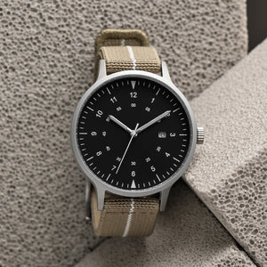 B70 Watch, Silver Case, Black Dial, Calendar, Luminous, Stretch Nylon Strap