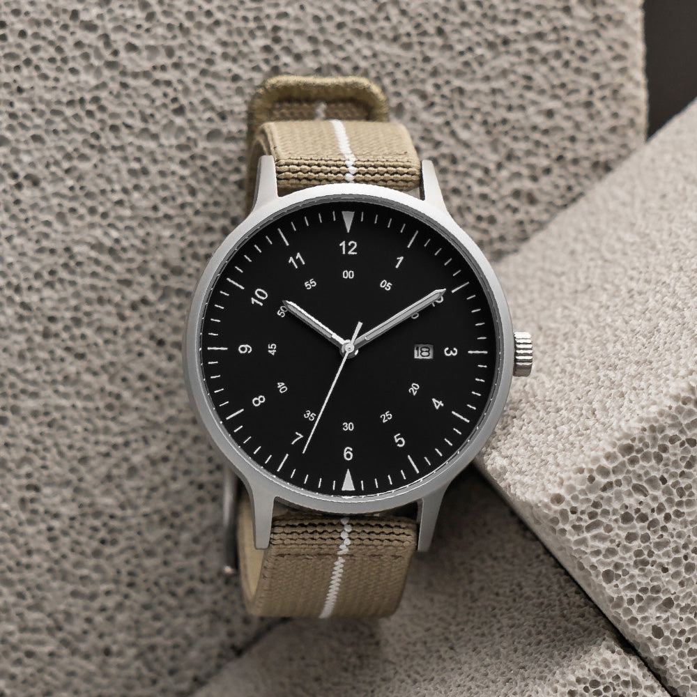B70 Watch, Silver Case, Black Dial, Calendar, Luminous, Stretch Nylon straps - Khaki