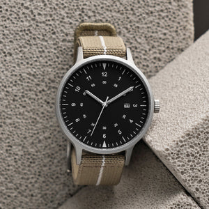 B70 Watch, Silver Case, Black Dial, Calendar, Luminous, Stretch Nylon straps - Khaki