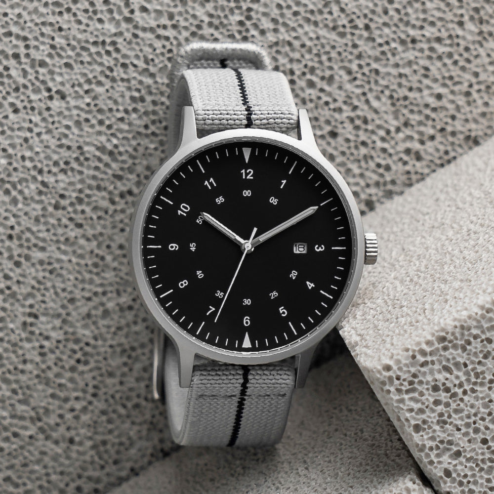 B70 Watch, Silver Case, Black Dial, Calendar, Luminous, Stretch Nylon straps - Gray