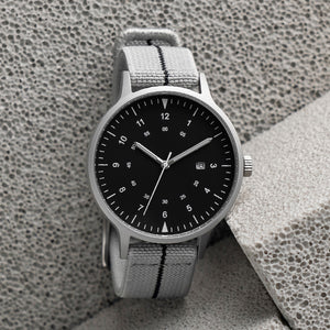B70 Watch, Silver Case, Black Dial, Calendar, Luminous, Stretch Nylon straps - Gray