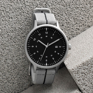 B70 Watch, Silver Case, Black Dial, Calendar, Luminous, Stretch Nylon Strap