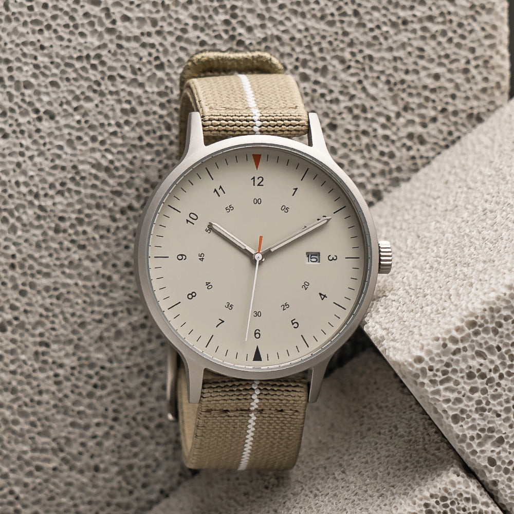 B70 Watch, Silver Case, Beige Dial, Calendar, Luminous, Stretch Nylon straps - Khaki