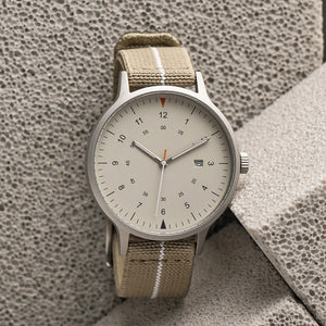 B70 Watch, Silver Case, Beige Dial, Calendar, Luminous, Stretch Nylon Strap