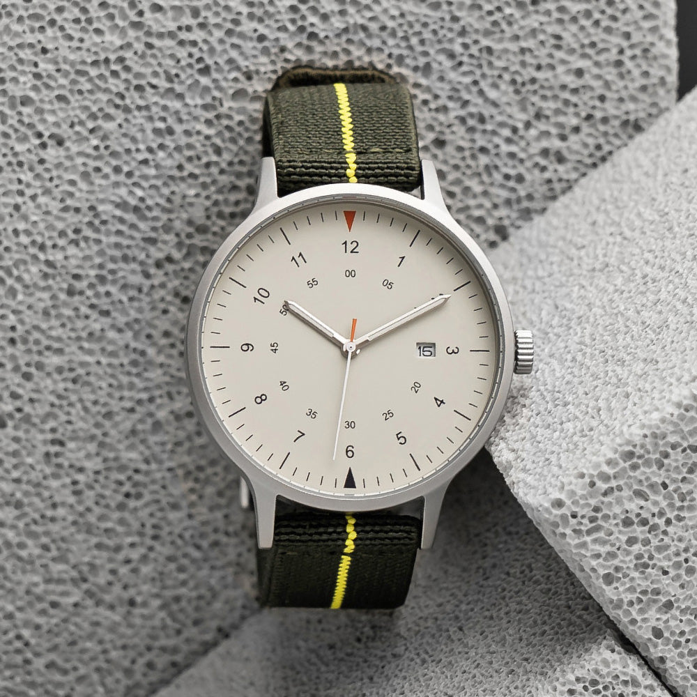 B70 Watch, Silver Case, Beige Dial, Calendar, Luminous, Stretch Nylon straps - Green