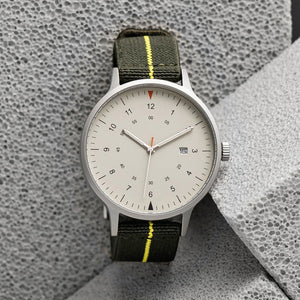 B70 Watch, Silver Case, Beige Dial, Calendar, Luminous, Stretch Nylon Strap