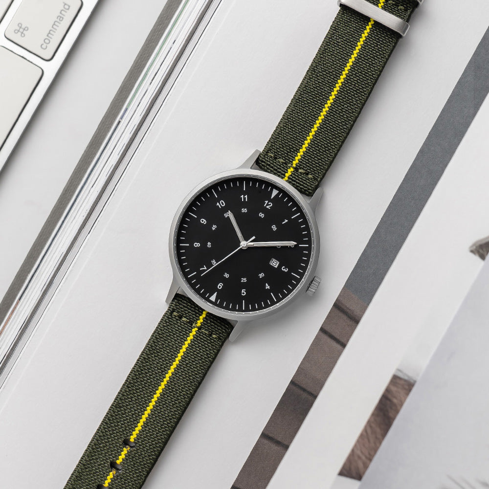 B70 Watch, Silver Case, Black Dial, Calendar, Luminous, Stretch Nylon straps - Green