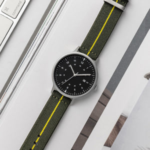 B70 Watch, Silver Case, Black Dial, Calendar, Luminous, Stretch Nylon straps - Green