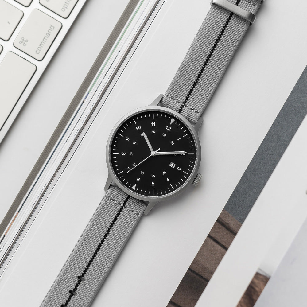 B70 Watch, Silver Case, Black Dial, Calendar, Luminous, Stretch Nylon straps - Gray