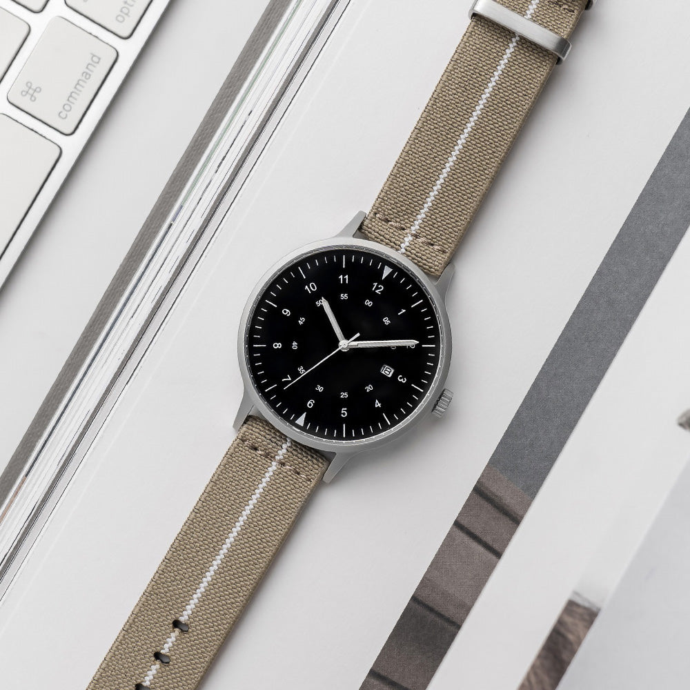 B70 Watch, Silver Case, Black Dial, Calendar, Luminous, Stretch Nylon straps - Khaki