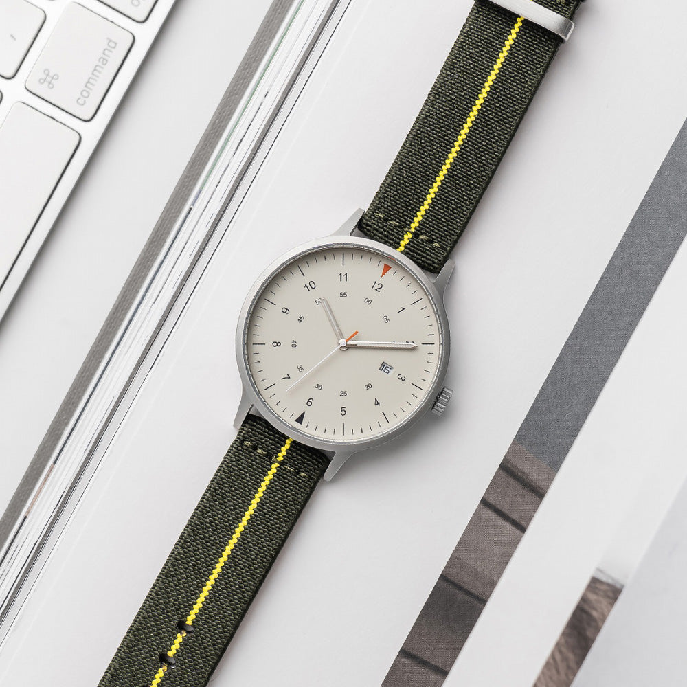 B70 Watch, Silver Case, Beige Dial, Calendar, Luminous, Stretch Nylon straps - Green