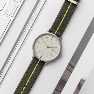 B70 Watch, Silver Case, Beige Dial, Calendar, Luminous, Stretch Nylon Strap