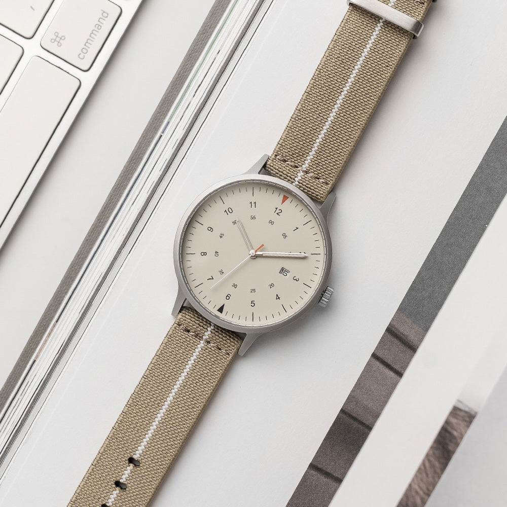 B70 Watch, Silver Case, Beige Dial, Calendar, Luminous, Stretch Nylon straps - Khaki