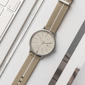 B70 Watch, Silver Case, Beige Dial, Calendar, Luminous, Stretch Nylon straps - Khaki