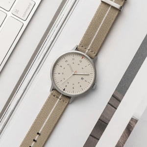 B70 Watch, Silver Case, Beige Dial, Calendar, Luminous, Stretch Nylon Strap