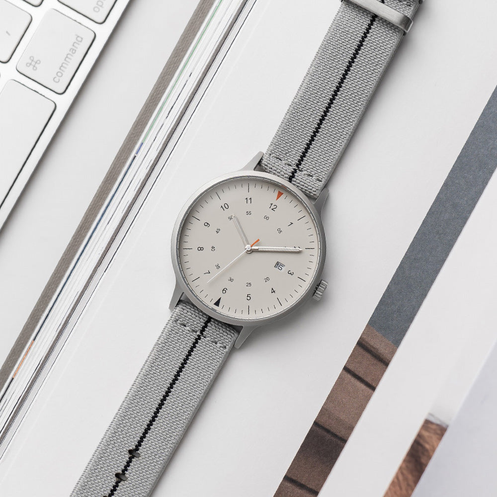 B70 Watch, Silver Case, Beige Dial, Calendar, Luminous, Stretch Nylon straps - Gray