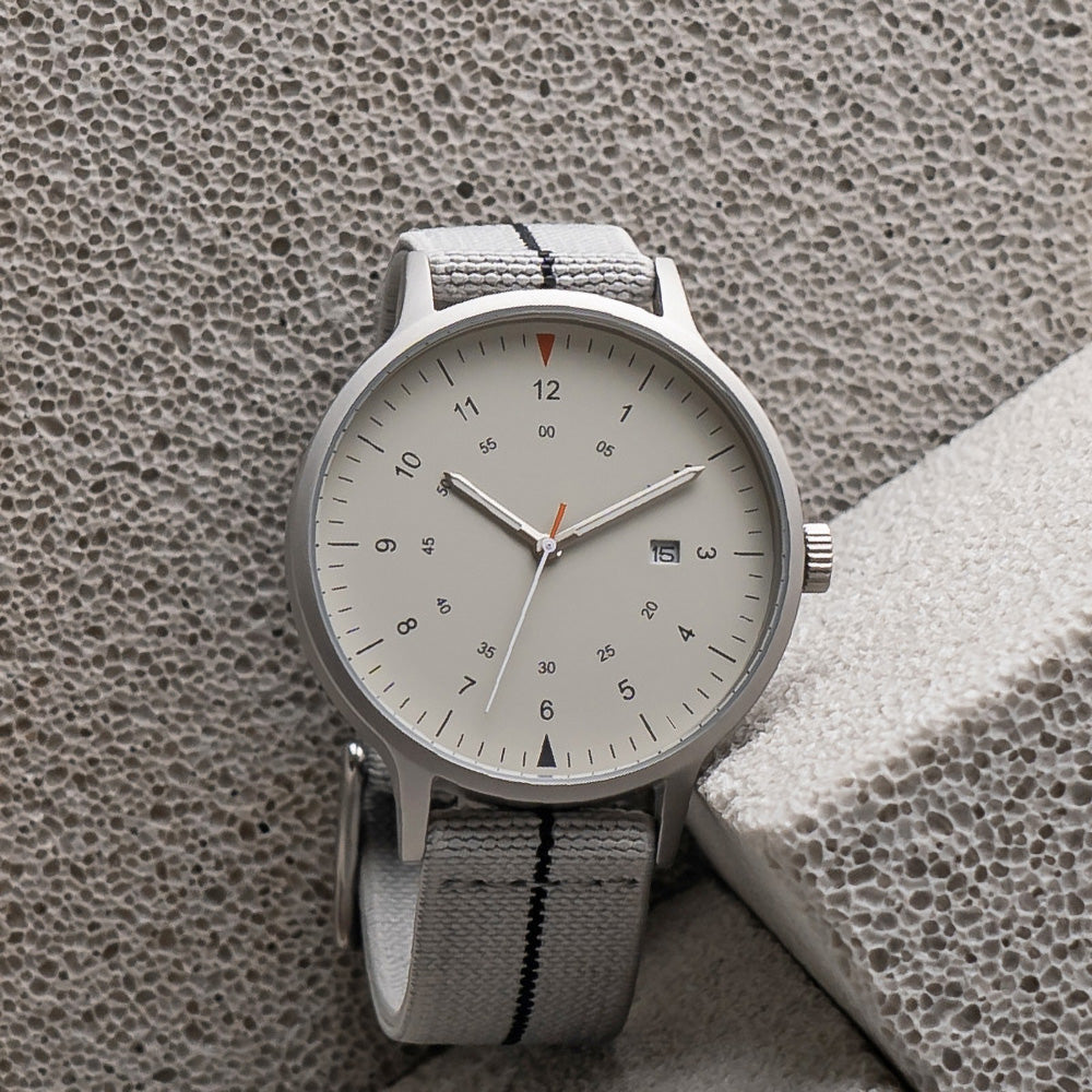 B70 Watch, Silver Case, Beige Dial, Calendar, Luminous, Stretch Nylon straps - Gray