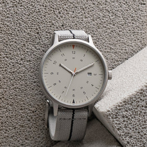 B70 Watch, Silver Case, Beige Dial, Calendar, Luminous, Stretch Nylon straps - Gray