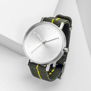 B60 Watch, Silver Case, Silver Dial, Stretch Nylon Strap
