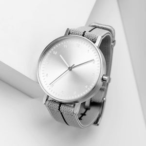 B60 Watch, Silver Case, Silver Dial, Stretch Nylon Strap