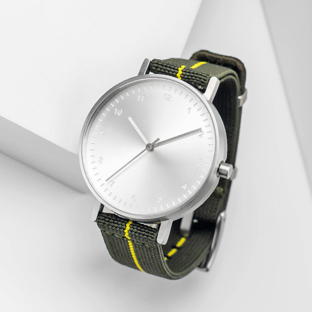 B60 Watch, Silver Case, silver Dial, Stretch Nylon straps - Green