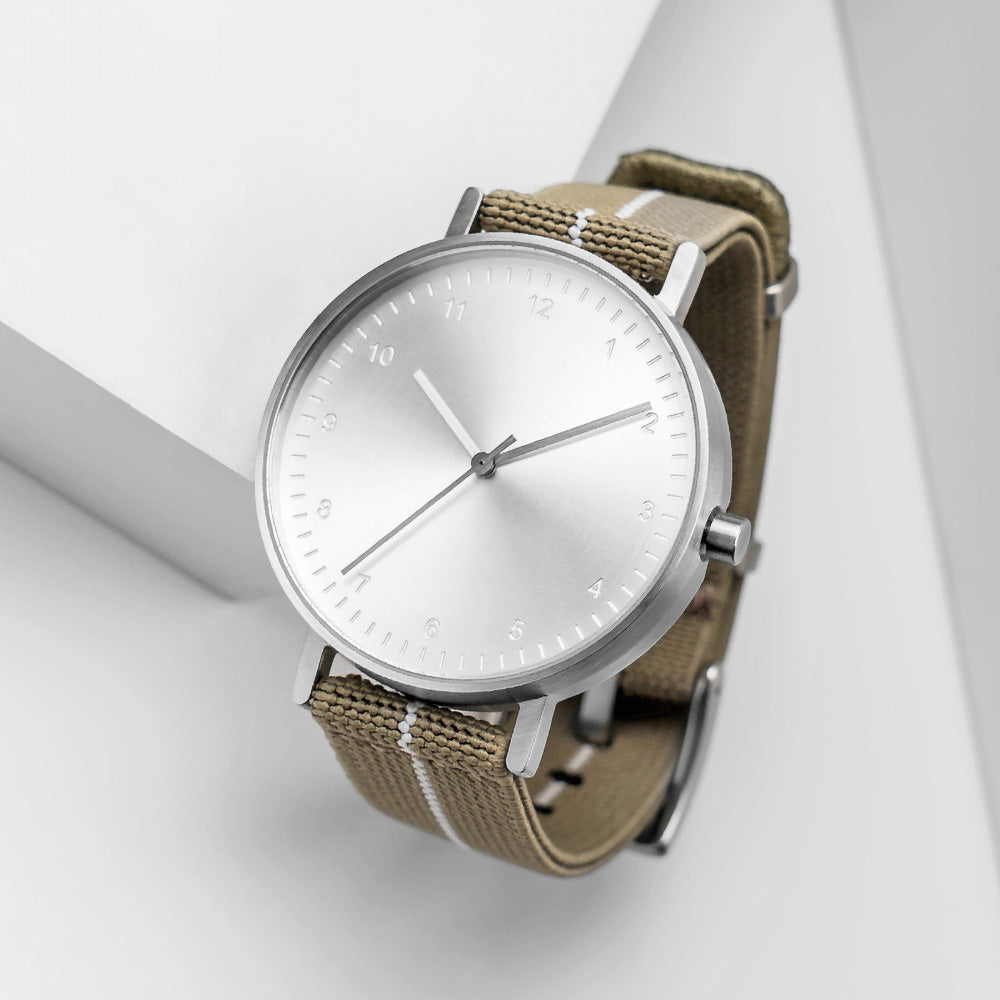 B60 Watch, Silver Case, silver Dial, Stretch Nylon straps - Khaki