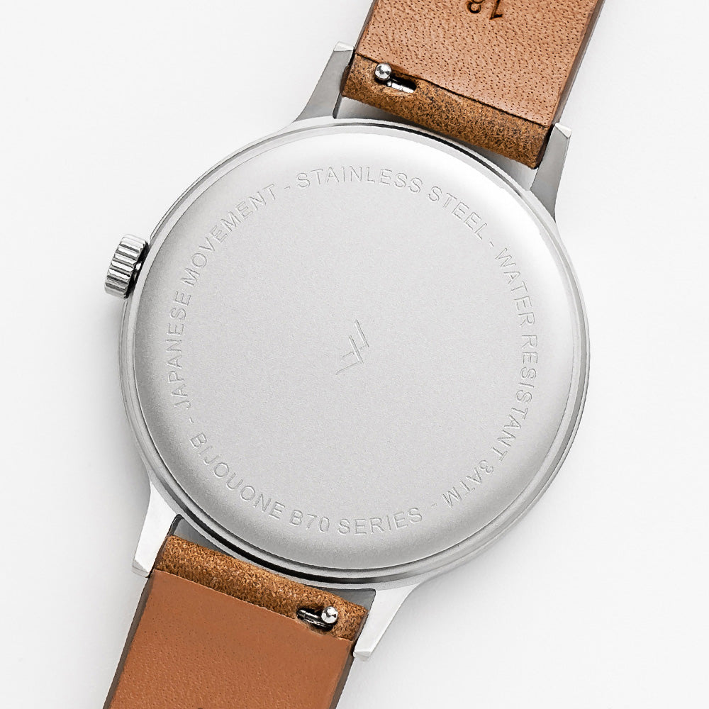 B70 Watch, Silver Case, Black Dial, Calendar, Luminous, Leather Strap - Brown Suede