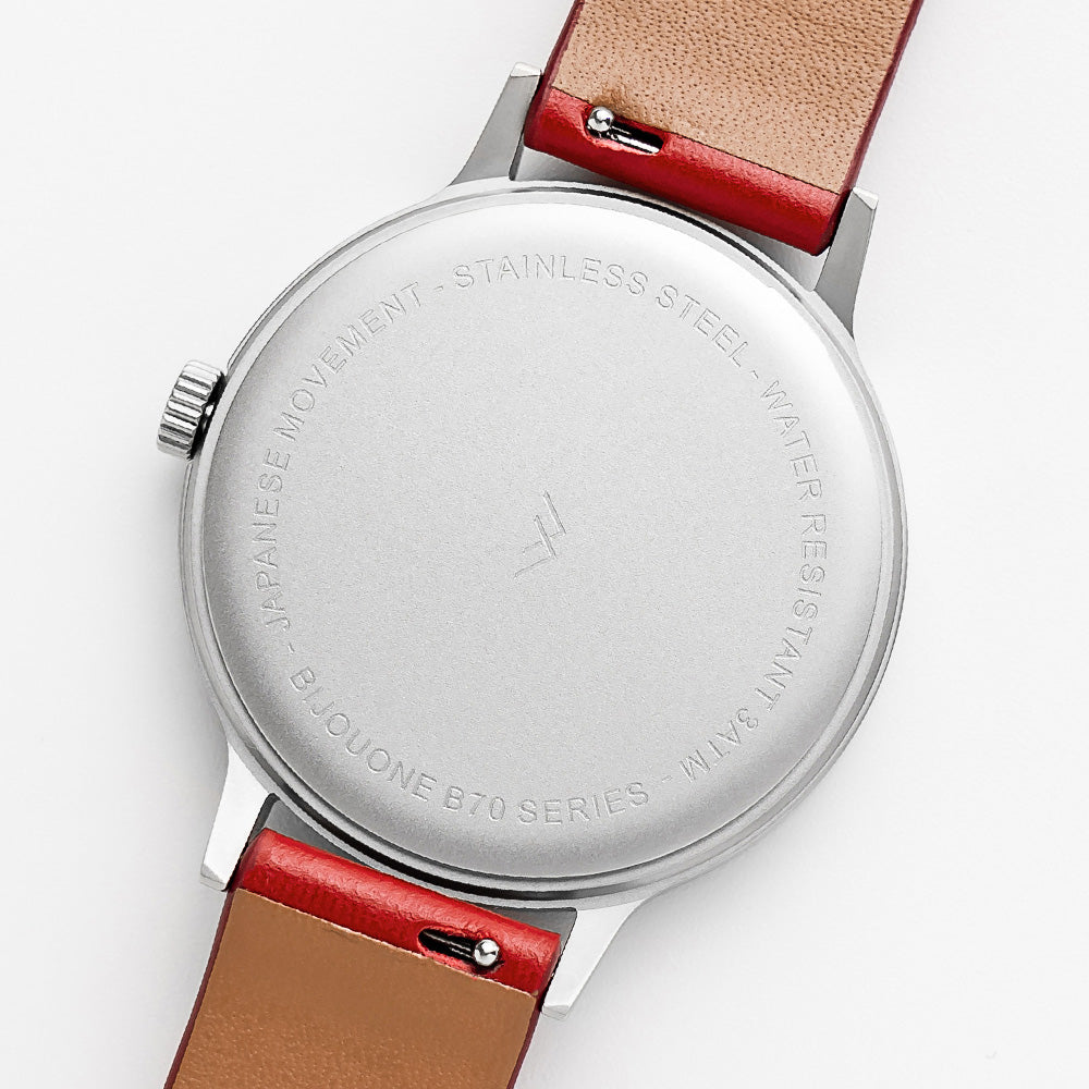 B70 Watch, Silver Case, Black Dial, Calendar, Luminous, Leather Strap - Red
