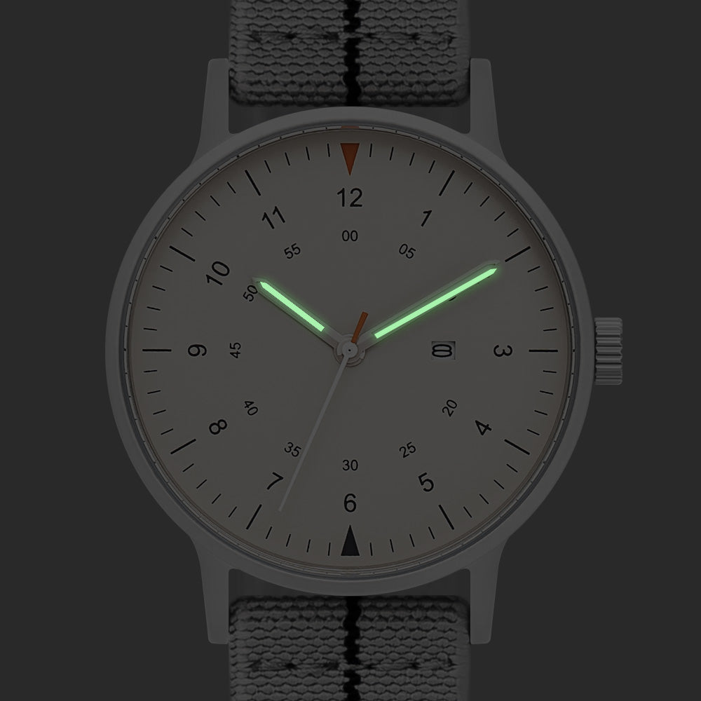 B70 Watch, Silver Case, Beige Dial, Calendar, Luminous, Stretch Nylon straps - Gray