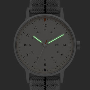 B70 Watch, Silver Case, Beige Dial, Calendar, Luminous, Stretch Nylon straps - Gray
