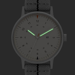 B70 Watch, Silver Case, Beige Dial, Calendar, Luminous, Stretch Nylon Strap