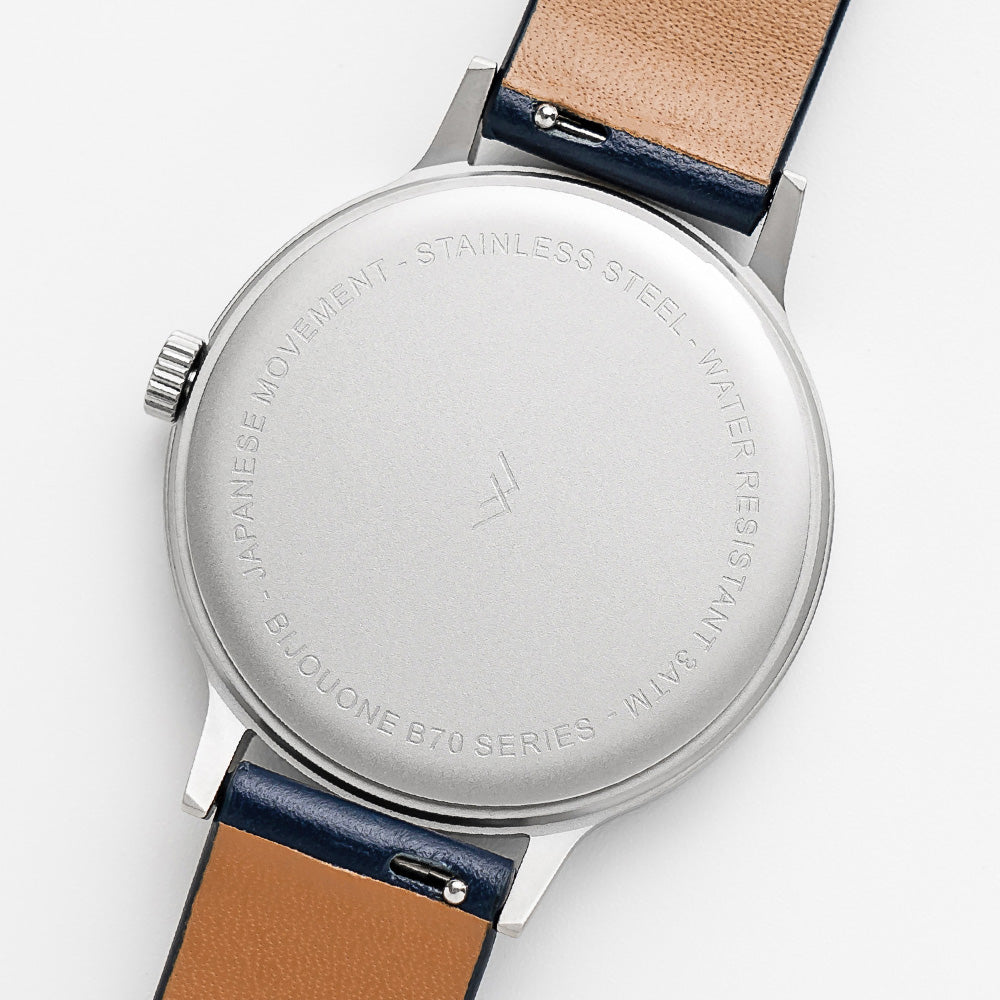 B70 Watch, Silver Case, Black Dial, Calendar, Luminous, Leather Strap - Navy