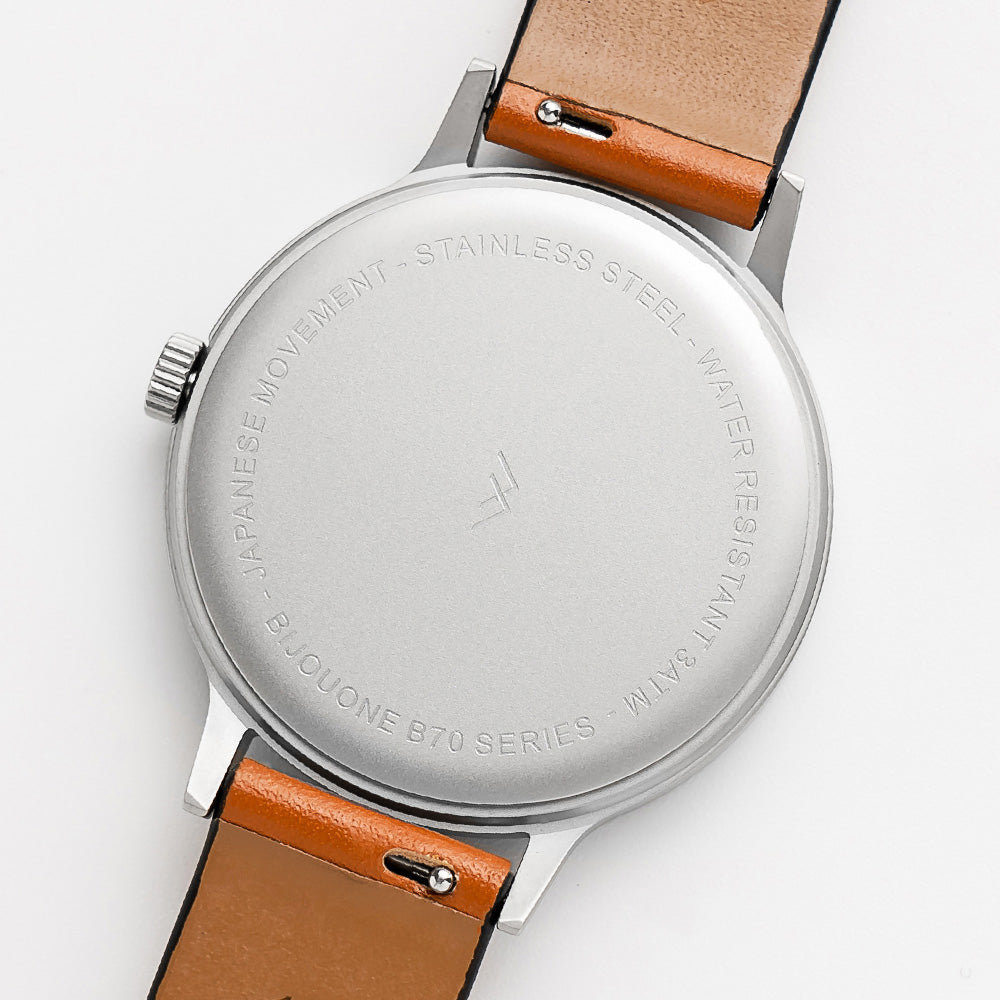 B70 Watch, Silver Case, Beige Dial, Calendar, Luminous, Leather Strap - Tan