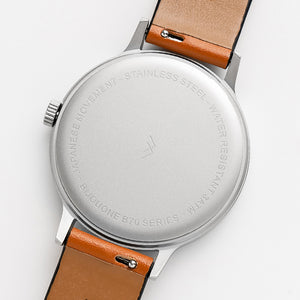 B70 Watch, Silver Case, Black Dial, Calendar, Luminous, Leather Strap - Tan