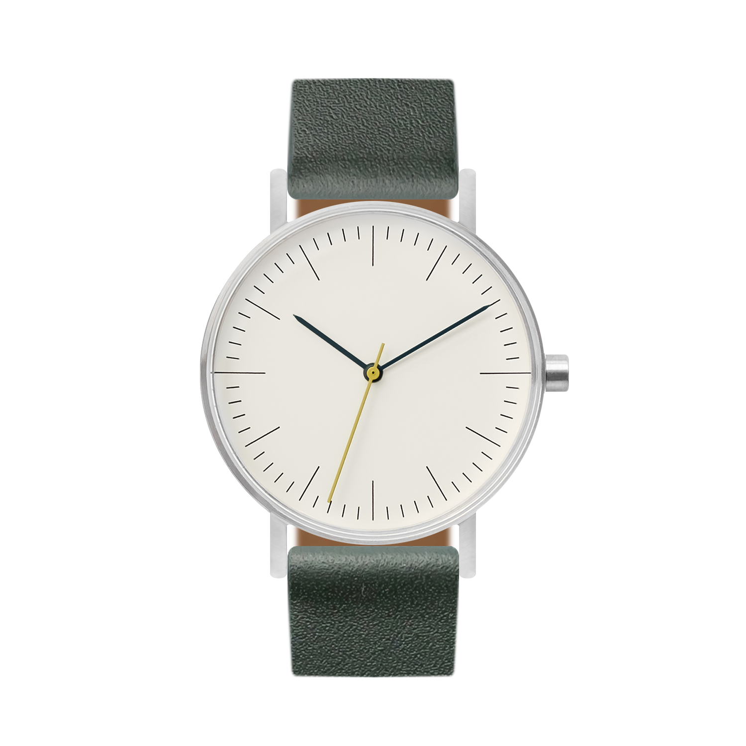 B001 Watch, Silver Case, Off White Dial, Leather Strap - Green