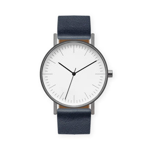 B001 Watch, Gunmetal Case, White Dial, Leather Strap - Navy - BIJOUONE