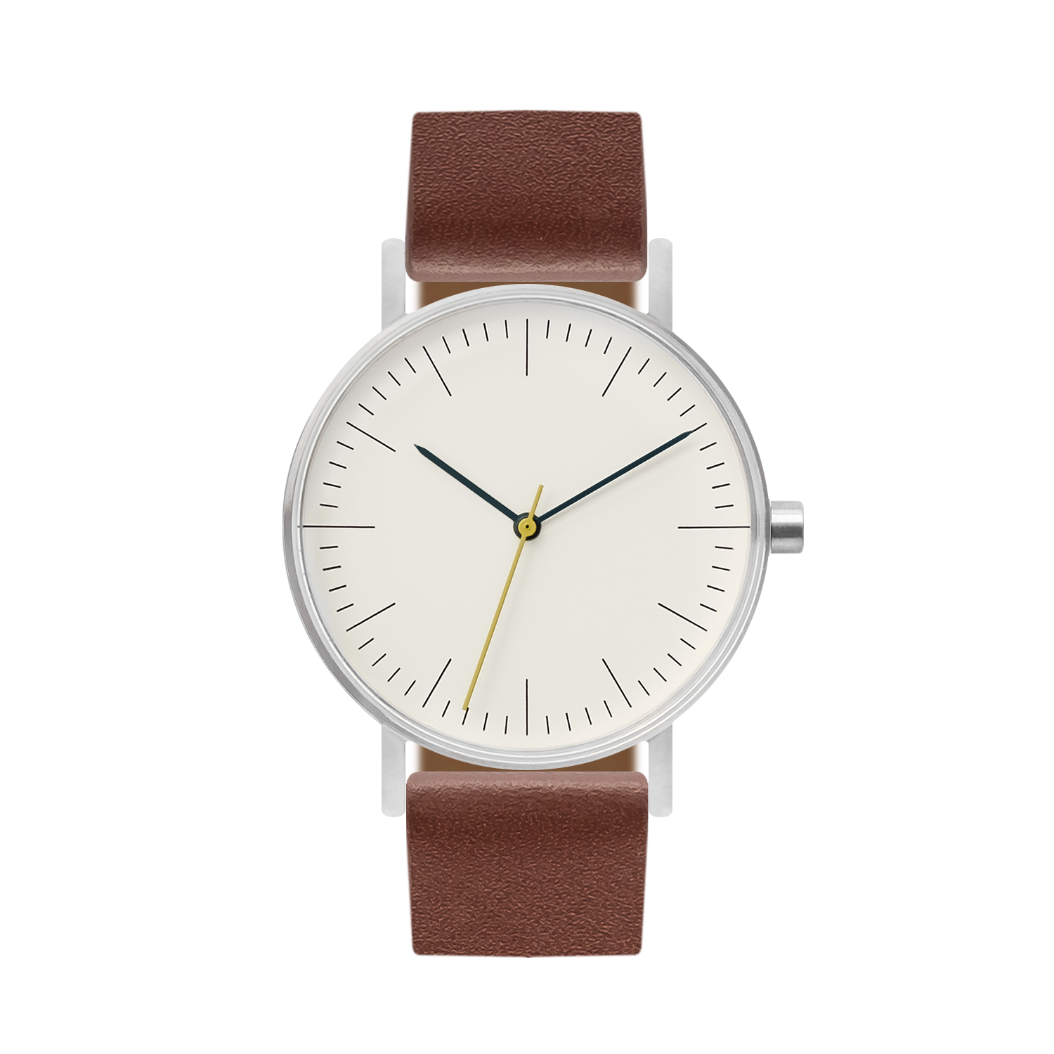 B001 Watch, Silver Case, Off White Dial, Leather Strap - Coffee - BIJOUONE