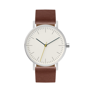 B001 Watch, Silver Case, Off White Dial, Leather Strap - Coffee - BIJOUONE