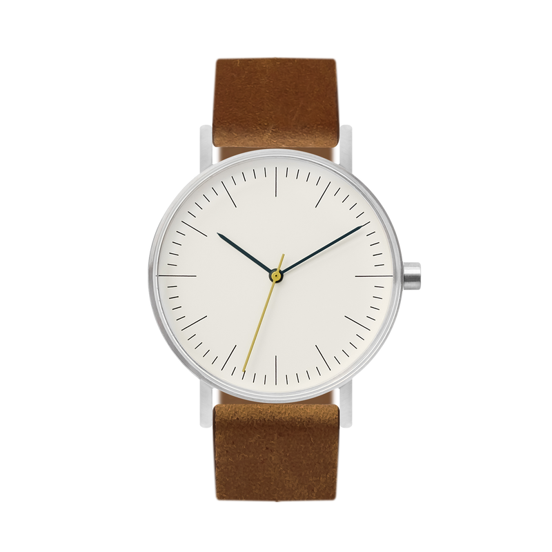B001 Watch, Silver Case, Off White Dial, Leather Strap