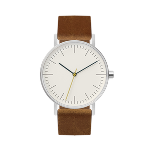 B001 Watch, Silver Case, Off White Dial, Leather Strap - Brown Suede - BIJOUONE