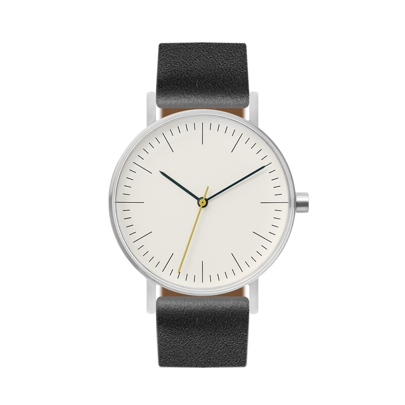 B001 Watch, Silver Case, Off White Dial, Leather Strap