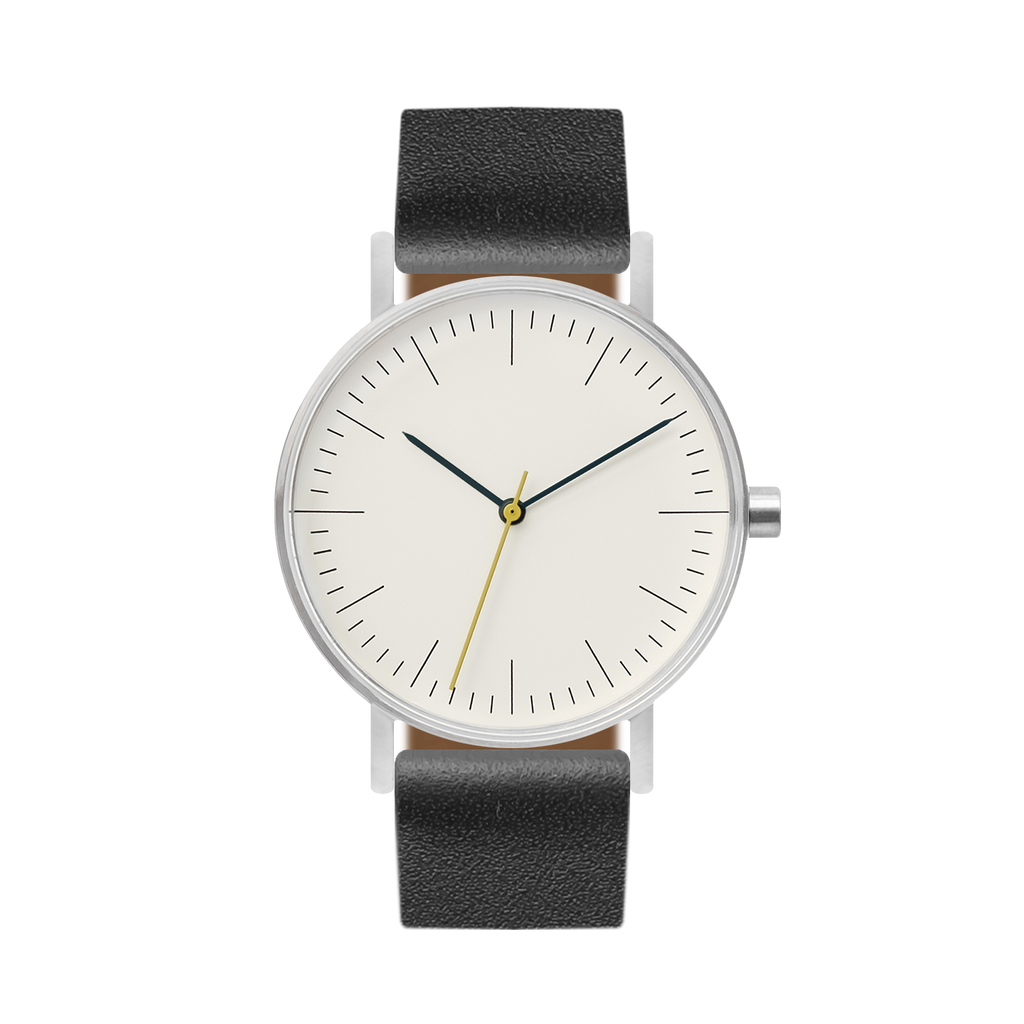 B001 Watch, Silver Case, Off White Dial, Leather Strap - Black